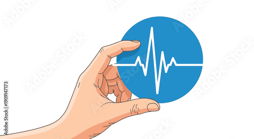 Confident hand holding vibrant blue circle with pulsing heartbeat line symbolizing health, life, and vital signs