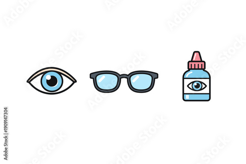 Minimal flat icons of an eye, eyeglasses, and contact lens solution bottle on white background, representing vision care and optical health