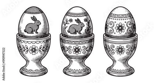 Set of three decorative Easter eggs in ornate holders featuring intricate floral and paisley patterns hand-drawn engraving style.