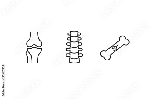 Minimal black line medical icons showing knee joint, stacked spinal vertebrae column, and a fractured bone symbol on white background