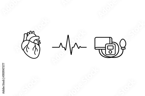 Minimal line icon set showing an anatomical heart, an electrocardiogram waveform, and a blood pressure monitor cuff for cardiovascular health care