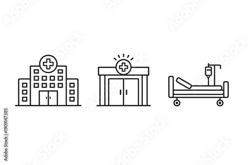 Minimal black line icons showing hospital building, medical clinic entrance with cross symbol, and patient bed with IV stand on white background