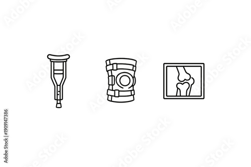 Orthopedic injury recovery icons showing crutch, knee brace support, and knee joint x-ray imaging for medical rehabilitation and healthcare treatment