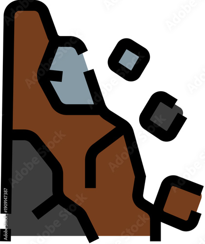 Landslide icon depicting crumbling rocks falling from a mountain side, representing natural disaster, instability, erosion, and geological hazard in a modern flat line illustration style