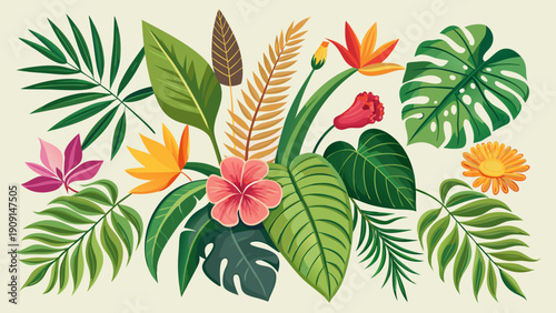 Realistic Tropical Leaves and Flowers Set for Exotic Summer Designs