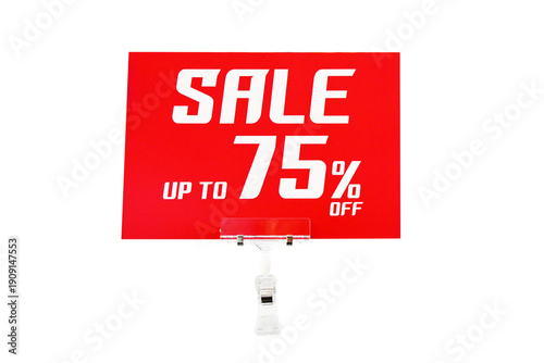 Red discount sign on a white background, sale up to 75%.