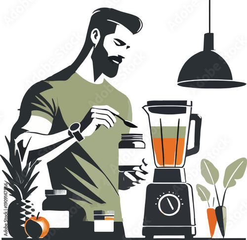 Man preparing smoothie with blender and ingredients