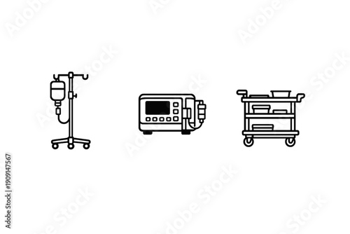 Minimal black line icons of hospital equipment including intravenous drip stand, patient monitoring device, and medical supply cart on gray background