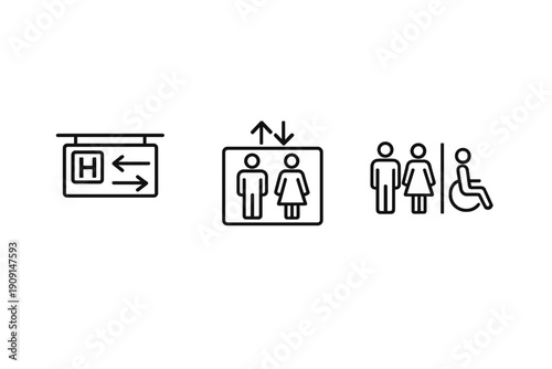 Minimalist restroom signage icons showing elevator, male and female toilet symbols, and wheelchair accessibility on a gray wall background
