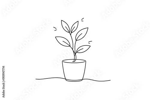 Minimalist black line illustration of a small potted houseplant with leaves sprouting upward on a simple surface, isolated on white background
