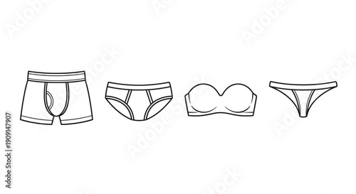 Underwear Collection: Boxer Briefs, Briefs, Strapless Bra, Thong - Line Art Icons