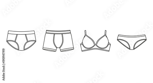 Underwear Collection: Women's Briefs, Men's Boxers, Bra, and Panties - Line Art
