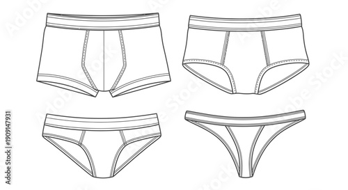 Underwear Fashion Design Flat Sketch Templates: Boxer Briefs, Briefs, and Thong