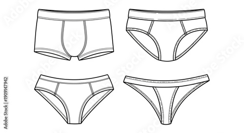 Underwear Fashion Design Sketches: Boxer Briefs, Briefs, and Thong