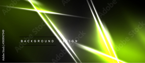 Abstract neon lines create dynamic background. Bright green, yellow glow contrasts dark space. Modern design element.