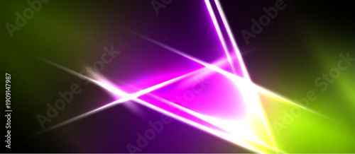 Abstract vibrant lines intersect, creating luminous energy. Green, purple hues dominate composition. Brightness radiates from central point.