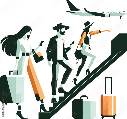 People with luggage boarding an escalator at an airport