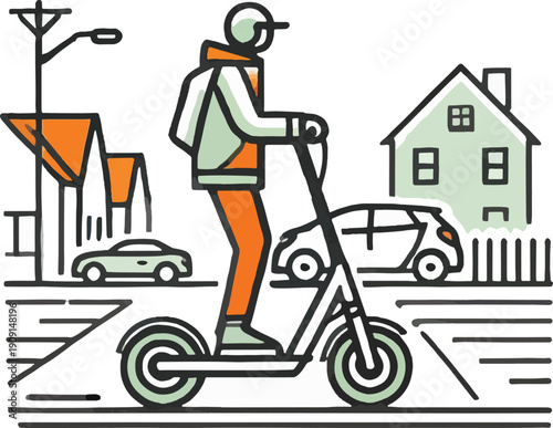 Person riding electric scooter through a suburban street