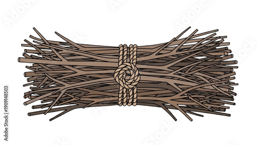 A bundle of twigs tied together with rope, viewed from the side, on a plain white background