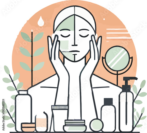 Woman applying facial treatment with skincare products and mirror