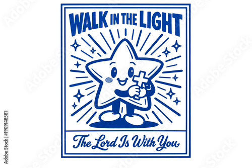Blue line-art poster with smiling star holding a cross, radiating light beams and sparkles, featuring inspirational religious text in a framed design