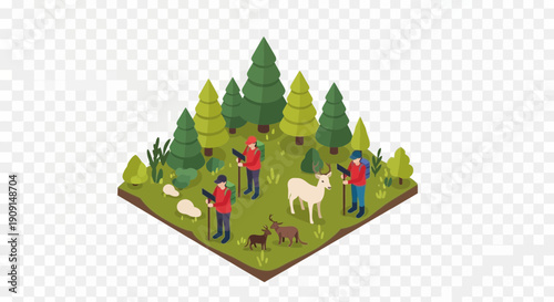 People and animals in a forest scene isometric view.