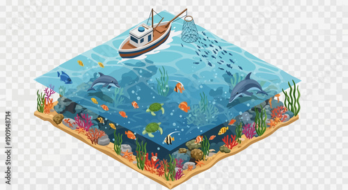 Underwater scene with boat coral reef fish and dolphins