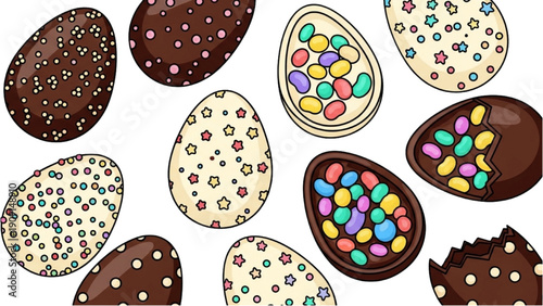 Assorted Chocolate Easter Eggs with Colorful Candy Fillings and Decorations