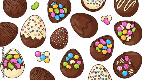 Assorted chocolate eggs and candies in various designs and fillings displayed together