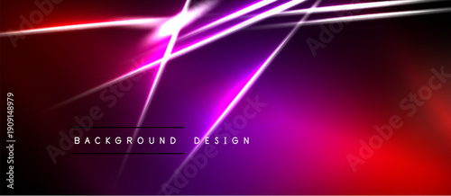 Vibrant neon lines intersect over dark background. Gradient transitions from purple to red create dynamic visual effect. Modern design element.