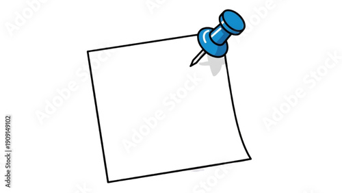 A blue thumbtack pins a blank white paper note on a clean white background from a straightforward viewpoint