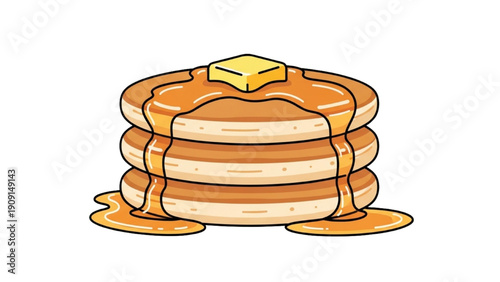 A stack of pancakes topped with syrup and butter, a classic breakfast dish, viewed from the front