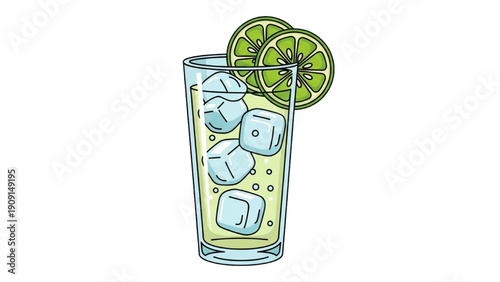 A refreshing drink with lime slices and ice in a glass, served chilled
