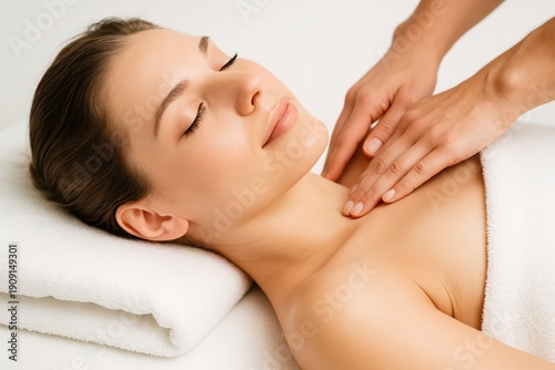 A beautiful woman enjoys a relaxing massage on a soft white towel, rejuvenating her skin and relieving muscle tension for a serene and peaceful spa experience.