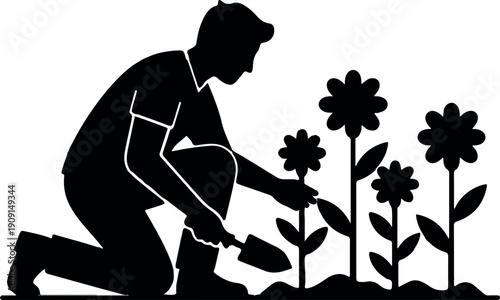 Home Gardener Flower Bed Silhouettes with Hand Trowel and Plants