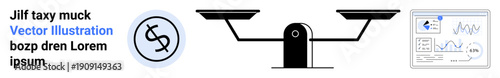 Business strategy, finance analysis, decision-making, economic balance, market evaluation, trade. A balance scale, dollar symbol charts data. Business strategy and finance analysis concept