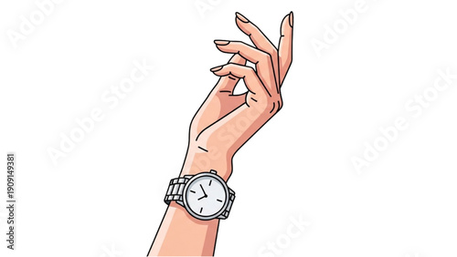 A hand wearing a wristwatch is raised in a gesture viewed from the side
