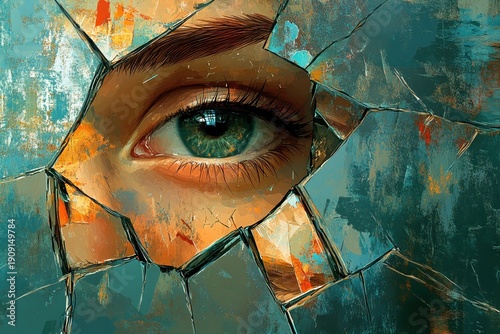 Reflection in Shattered Reality: An eye peers through the fragmented surface of a broken mirror, a symbolic exploration of self-perception and introspection. Capturing the fragmented state of mind. 