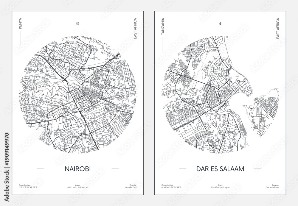 Obraz premium Urban street plan city map Nairobi and Dar es Salaam, Travel poster vector illustration