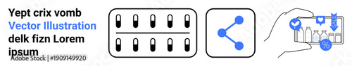 Pharmaceutical marketing, health technology, supply chain, product sharing, retail, and e-commerce. Row of pill containers, share icon and hand holding a smartphone. Health technology and marketing