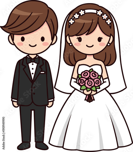 Cute Kawaii Wedding Couple Illustration Featuring Bride in White Dress with Pink Rose Bouquet and Groom in Black Tuxedo for Romantic Marriage Invitations