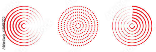 Linear set of radar icons, sonar waves, concentric radial signal circles, echo sounder symbols. Vector black and white illustration on a transparent background for interfaces and infographics