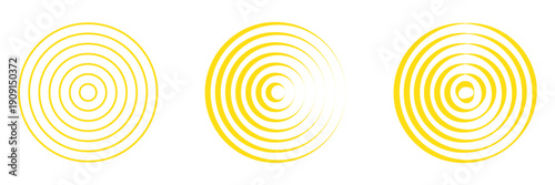 blue concentric ripple circles set. Sonar or sound wave rings collection. Epicentre, target, radar icon concept. Radial signal or vibration elements. Halftone vector illustration