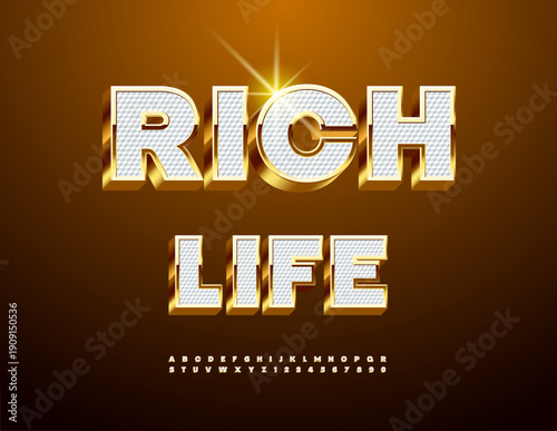 Vector Stylish logo Rich Life. Elegant White and Golden Font. Luxury Alphabet Letters and Numbers set.