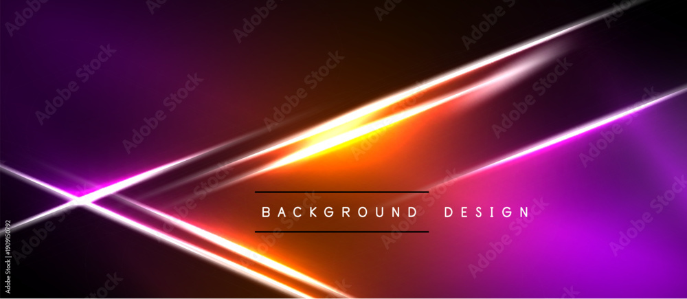 Naklejka premium Abstract neon lines over dark background. Vivid purple, orange gradients create dynamic visual effect. Modern design element.