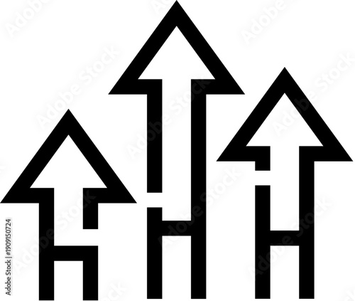 Three black arrows in a clean line art style are pointing upwards, symbolizing growth, progress, improving trends, development, and a positive outlook for future success