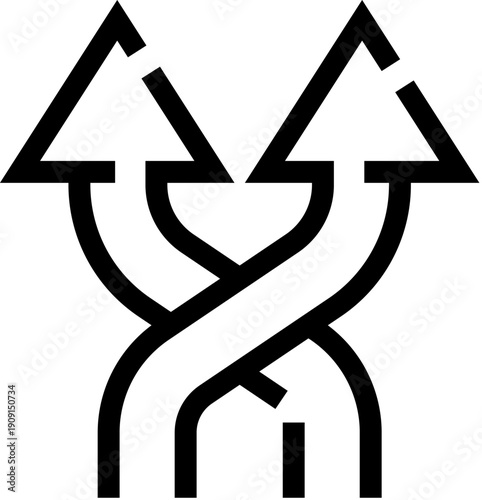 Two arrows starting from the bottom, crossing over each other, and pointing upwards, representing concepts of intersection, connection, data flow, decision making, and choice