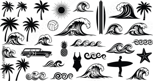 Summer beach vacation icon set with surfing waves, palm trees, sun, surfboards, ocean swimmer, and tropical elements, cad drawing flat vector illustration