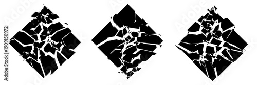 Grunge Damaged Shattered Rhombus Squares with Cracks Collection. Distress Textures. Blank Shapes. Vector Illustration. 