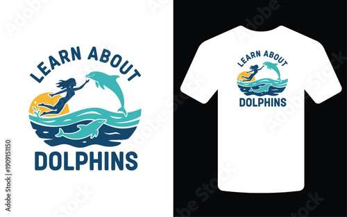 A vibrant illustration of a woman swimming with dolphins is displayed on a white t shirt mockup